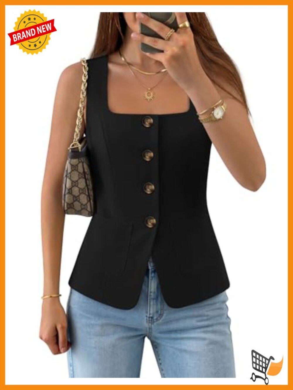 Sleeveless Square Neck Button Down Vest Blazer Waistcoat